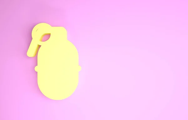 Žlutý ruční granát ikona izolované na růžovém pozadí. Výbuch bomby. Minimalismus. 3D ilustrace 3D vykreslení — Stock fotografie