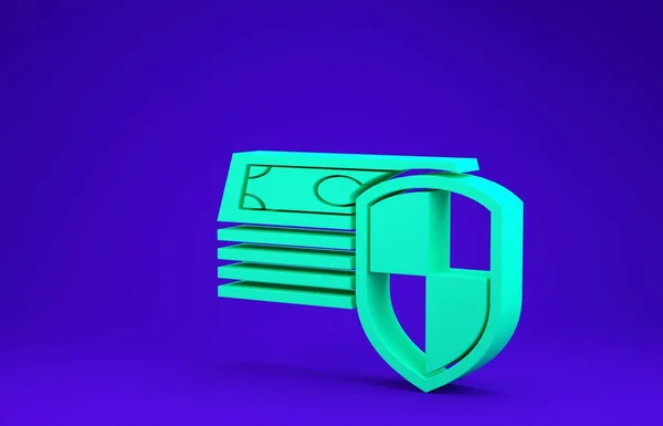 Green Money protection icon isolated on blue background. Financial security, bank account protection, fraud prevention, secure money transaction. Minimalism concept. 3d illustration 3D render