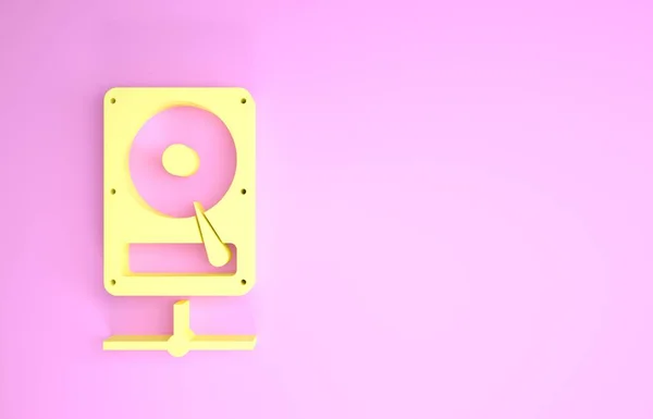 Κίτρινος σκληρός δίσκος στο κοινόχρηστο εικονίδιο δικτύου που απομονώνεται σε ροζ φόντο. Μινιμαλιστική έννοια. 3D απεικόνιση 3d καθιστούν — Φωτογραφία Αρχείου