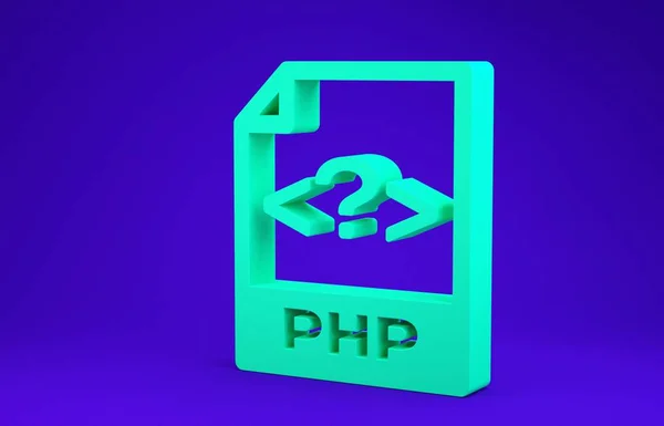 Documento del file PHP verde. Scarica php icona pulsante isolato su sfondo blu. Simbolo del file PHP. Concetto minimalista. Illustrazione 3d rendering 3D — Foto Stock