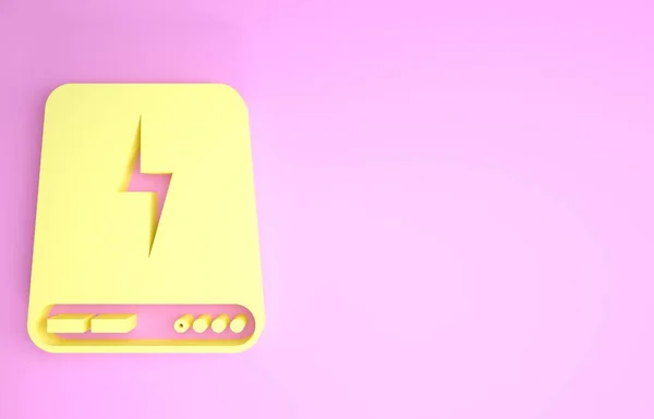 Gul Power bank ikon isolerad på rosa bakgrund. Bärbar laddningsanordning. Minimalistiskt koncept. 3D-illustration 3D-återgivning — Stockfoto