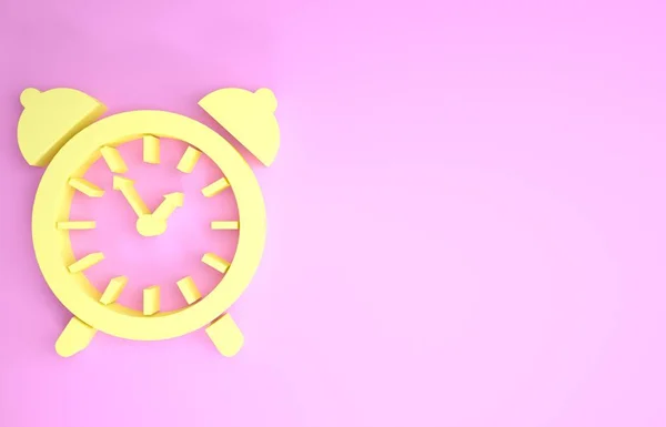 Ícone de relógio de alarme amarelo isolado no fundo rosa. Acorda, levanta-te conceito. Sinal temporal. Conceito de minimalismo. 3D ilustração 3D render — Fotografia de Stock