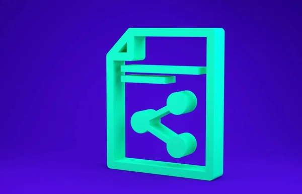 Grünes Share-File-Symbol isoliert auf blauem Hintergrund. Filesharing. Dateiübertragungszeichen. Minimalismus-Konzept. 3D Illustration 3D Renderer — Stockfoto