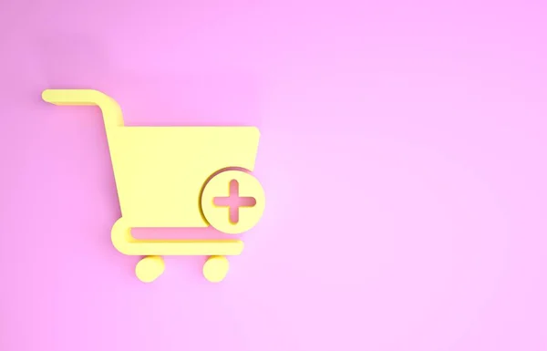 Żółty Dodaj do koszyka ikona izolowane na różowym tle. Koncepcja zakupów online. Znak dostawy. Symbol koszyka w supermarkecie. Koncepcja minimalizmu. Ilustracja 3d — Zdjęcie stockowe