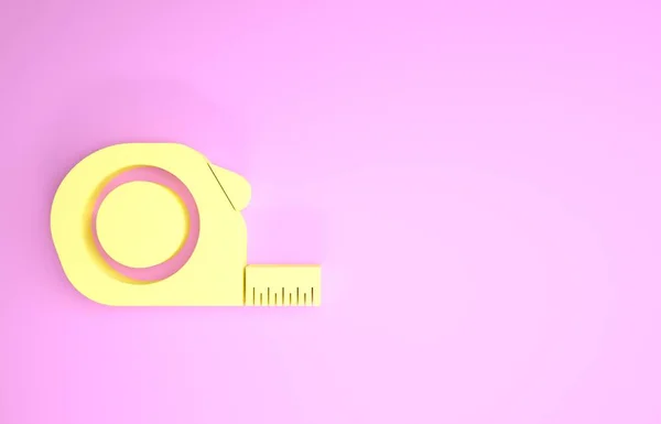 Желтая рулетка конструкции значок изолирован на розовом фоне. Символ меры ленты. Концепция минимализма. 3D-рендеринг — стоковое фото