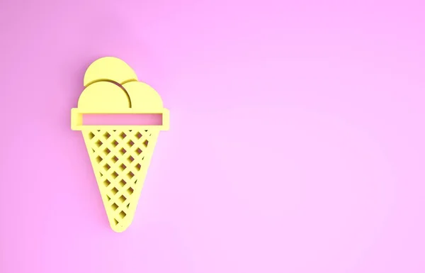 Žlutá zmrzlina v kuželu ikony izolované na růžovém pozadí. Pěkný symbol. Minimalismus. 3D ilustrace 3D vykreslení — Stock fotografie