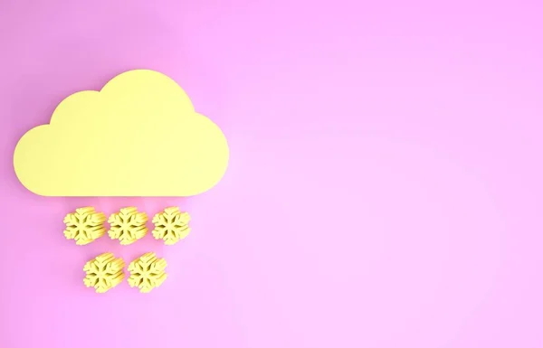 Nube amarilla con icono de nieve aislado sobre fondo rosa. Nube con copos de nieve. Icono de tiempo único. Signo de niebla. Concepto minimalista. 3D ilustración 3D render — Foto de Stock