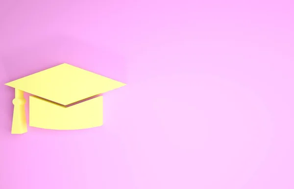 Κίτρινη εικόνα καπάκι αποφοίτησης απομονώνονται σε ροζ φόντο. Καπέλο αποφοίτησης με φούντα. Μινιμαλιστική έννοια. 3D απεικόνιση 3d καθιστούν — Φωτογραφία Αρχείου