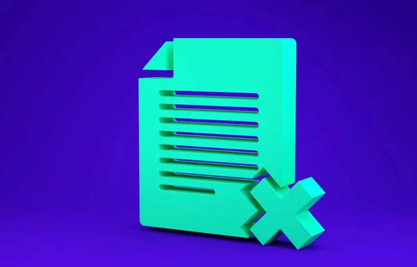 Green Delete ícone do documento de arquivo isolado no fundo azul. Ícone de documento rejeitado. Cruze no papel. Conceito de minimalismo. 3D ilustração 3D render — Fotografia de Stock