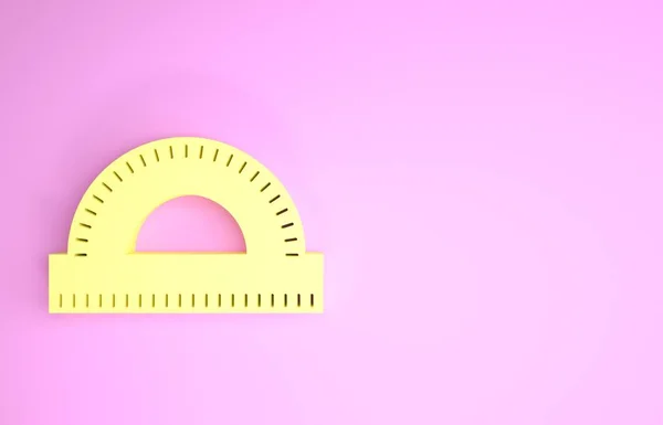Желтый Protractor сетки для измерения градусов значок изолирован на розовом фоне. Угломер наклона. Измерительный инструмент. Геометрический символ. Концепция минимализма. 3D-рендеринг — стоковое фото