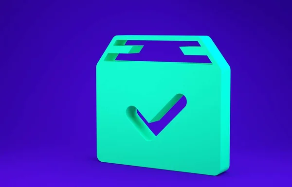 Зелёная коробка с галочкой на синем фоне. Упаковка с галочкой. Утвержденная поставка или успешное получение пакета. Концепция минимализма. 3D-рендеринг — стоковое фото