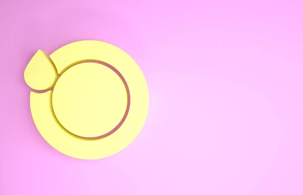 Giallo Lavaggio piatti icona isolata su sfondo rosa. Piatto e spugna. Pulizia piatti icona. Lavastoviglie segno. Segnale di stoviglie pulite. Concetto minimalista. Illustrazione 3d rendering 3D — Foto Stock