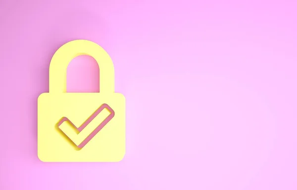 Gelb Vorhängeschloss öffnen und Häkchensymbol isoliert auf rosa Hintergrund. Cyber-Sicherheitskonzept. Digitaler Datenschutz. Sicherheit. Minimalismus-Konzept. 3D Illustration 3D Renderer — Stockfoto