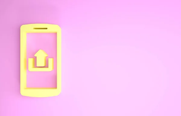 Gelbes Smartphone mit Upload-Symbol auf rosa Hintergrund. Minimalismus-Konzept. 3D Illustration 3D Renderer — Stockfoto