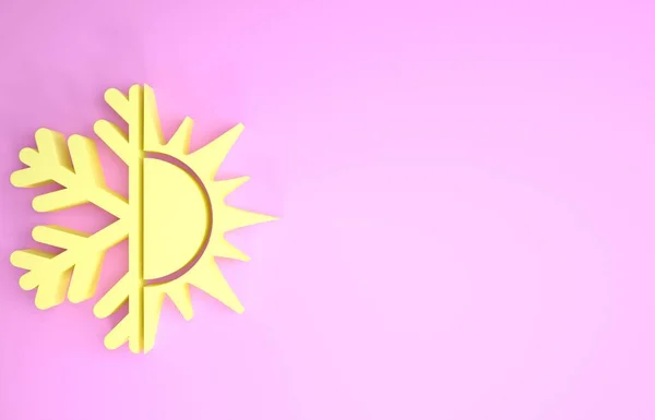 Żółty gorący i zimny symbol. Ikona słońca i płatków śniegu na różowym tle. Zimowy i letni symbol. Koncepcja minimalizmu. Ilustracja 3d — Zdjęcie stockowe