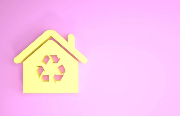 Casa Eco Amarilla con icono de símbolo de reciclaje aislado sobre fondo rosa. Ecología hogar con flechas de reciclaje. Concepto minimalista. 3D ilustración 3D render —  Fotos de Stock