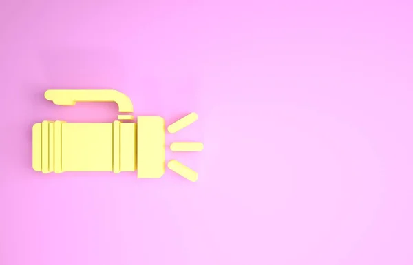 Жовта піктограма ліхтарика ізольована на рожевому фоні. Туристичний ліхтарик. Концепція мінімалізму. 3D ілюстрація 3D рендеринга — стокове фото