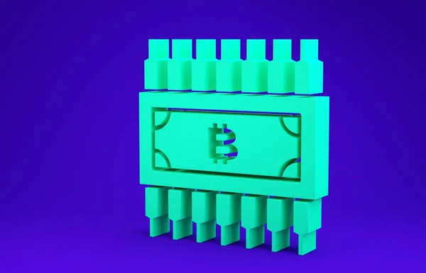 Зеленый криптовалюта биткойн в круге с иконкой микрочипа изолированы на синем фоне. Технология блокчейн, рынок цифровых денег. Концепция минимализма. 3D-рендеринг — стоковое фото