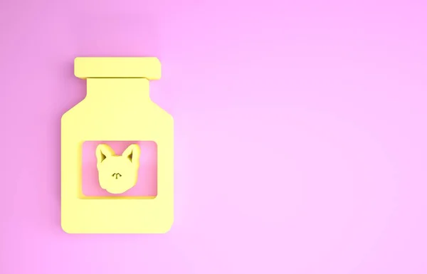 Amarelo ícone frasco de remédio cão isolado no fundo rosa. Recipiente com comprimidos. Medicamento prescrito para animais. Conceito de minimalismo. 3D ilustração 3D render — Fotografia de Stock