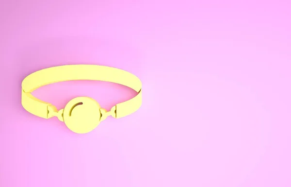 Boule de silicone jaune bâillon avec une icône de ceinture en cuir isolé sur fond rose. Accessoire fétiche. Jouet sexuel pour hommes et femmes. Concept de minimalisme. Illustration 3D rendu 3D — Photo