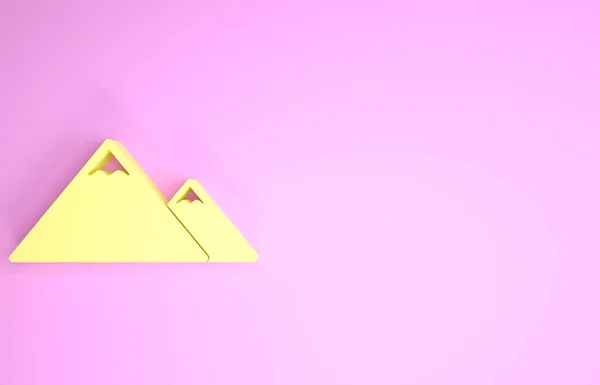 Icono Montañas Amarillas aislado sobre fondo rosa. Símbolo de victoria o concepto de éxito. Concepto minimalista. 3D ilustración 3D render —  Fotos de Stock