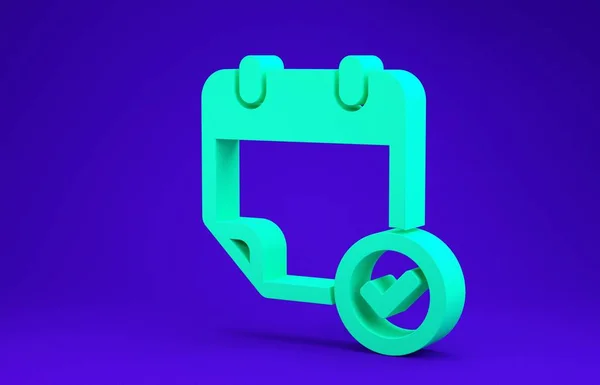Calendario verde con icona segno di spunta isolato su sfondo blu. Concetto minimalista. Illustrazione 3d rendering 3D — Foto Stock