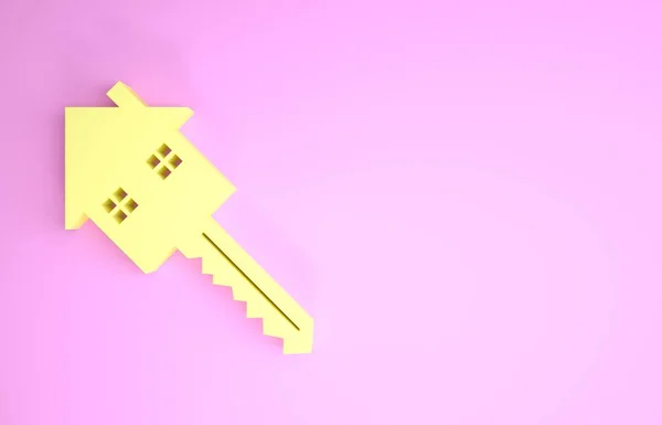 Κίτρινος Οίκος με εικονίδιο κλειδί απομονωμένο σε ροζ φόντο. Η ιδέα του κλειδιού του σπιτιού. Μινιμαλιστική έννοια. 3d απεικόνιση 3D καθιστούν — Φωτογραφία Αρχείου