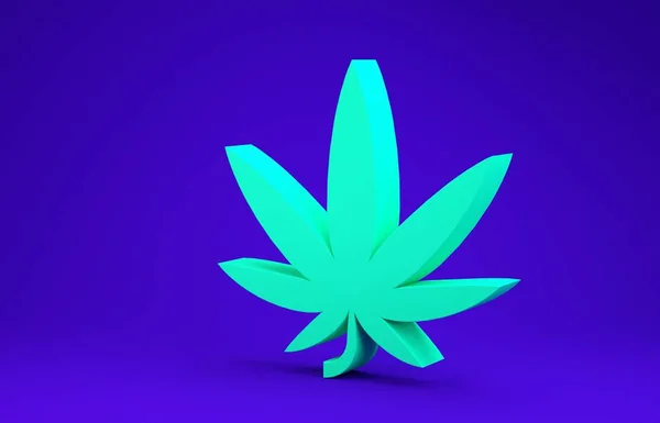 Verde Marihuana medicinal o icono de la hoja de cannabis aislado sobre fondo azul. Un símbolo de cáñamo. Concepto minimalista. 3D ilustración 3D render — Foto de Stock