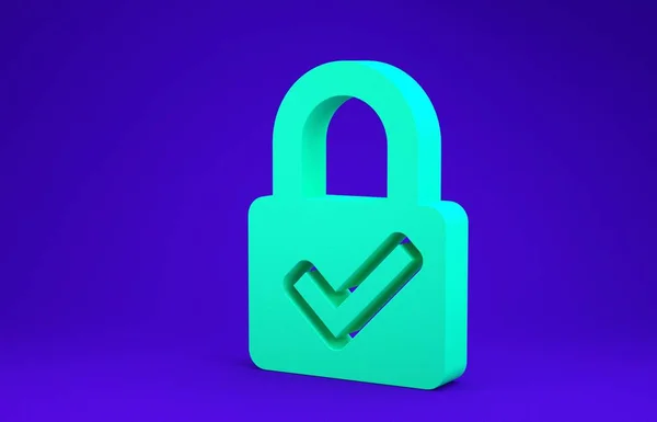 Buka gembok hijau dan periksa ikon tanda yang terisolasi pada latar belakang biru. Konsep keamanan cyber. Perlindungan data digital. Keselamatan. Konsep minimalisme. Tampilan 3D ilustrasi 3d — Stok Foto