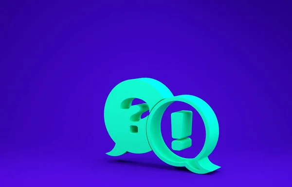 Πράσινες φυσαλίδες λόγου με ερώτηση και θαυμαστικό που απομονώνονται σε μπλε φόντο. Σημάδι Φακ. Αντιγραφή αρχείων, chat bubble ομιλία και διάγραμμα. Μινιμαλιστική έννοια. 3D απεικόνιση 3d καθιστούν — Φωτογραφία Αρχείου