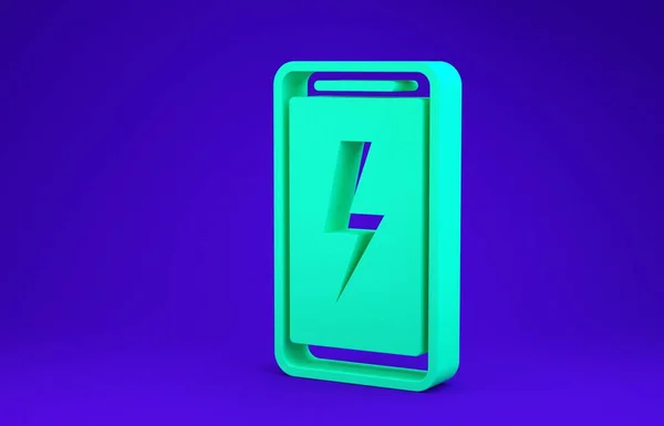 Зеленый значок зарядки аккумулятора выделен на синем фоне. Телефон с низким зарядом батареи. Концепция минимализма. 3D-рендеринг — стоковое фото