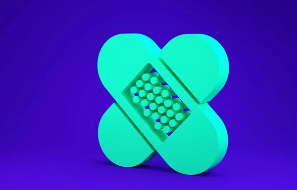 Піктограма зеленої перехрещеної гіпсової пов'язки ізольована на синьому фоні. Медична штукатурка, клейка пов'язка, гнучка тканинна пов'язка. Концепція мінімалізму. 3D ілюстрація 3D рендеринга — стокове фото
