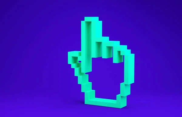 Grüne Pixelzeiger-Symbol auf blauem Hintergrund isoliert. Zeiger-Hand-Cursor. Minimalismus-Konzept. 3D Illustration 3D Renderer — Stockfoto