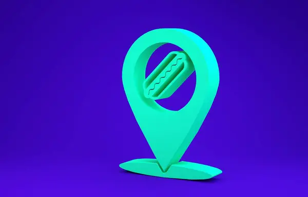 Зелена карта вказівник з піктограмою фаст-фуду ізольовані на синьому фоні. Значок ковбаси. Концепція мінімалізму. 3D ілюстрація 3D рендеринга — стокове фото