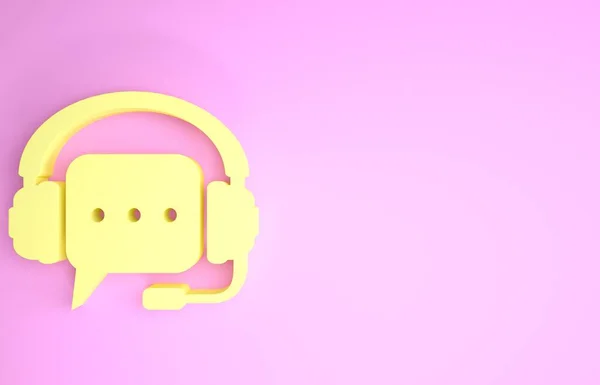 Auriculares amarillos con el icono de la burbuja del habla aislado sobre fondo rosa. Apoye los servicios al cliente, línea directa, centro de llamadas, pauta, mantenimiento. Concepto minimalista. 3D ilustración 3D render — Foto de Stock