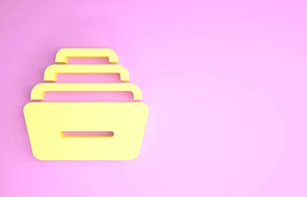 Жовта шухляда з значком документів ізольована на рожевому фоні. Архівний ящик паперів. Ящик для файлової шафи. Офісні меблі. Концепція мінімалізму. 3D ілюстрація 3D рендеринга — стокове фото