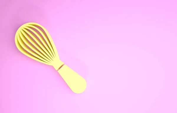 Icono de batidor de cocina amarilla aislado sobre fondo rosa. Utensil de cocina, batidor de huevos. Signo de cubertería. Comida mezcla símbolo. Concepto minimalista. 3D ilustración 3D render —  Fotos de Stock