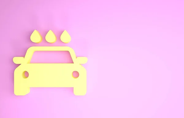 Gul bil tvätta ikon isolerad på rosa bakgrund. Biltvätt service och vatten moln ikon. Minimalistiskt koncept. 3D-illustration 3D-återgivning — Stockfoto
