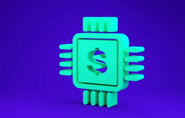 Зелений чіп процесора з піктограмою долара ізольовано на синьому фоні. ЦП і знак долара. Концепція мінімалізму. 3D ілюстрація 3D рендеринга — стокове фото