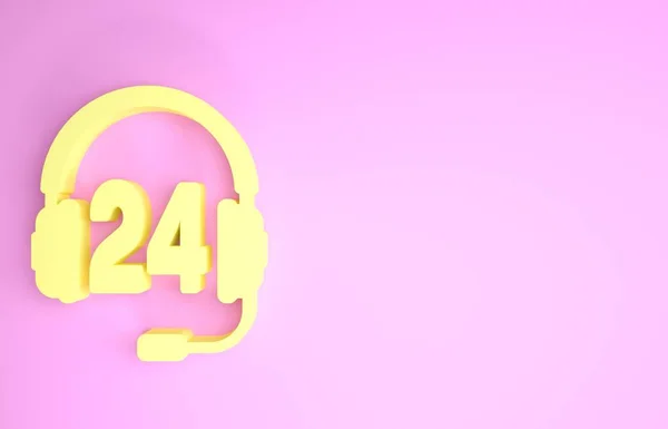 Желтые наушники для поддержки или значок обслуживания изолированы на розовом фоне. Консультации, горячая линия, колл-центр, faq, обслуживание, помощь. Концепция минимализма. 3D-рендеринг — стоковое фото