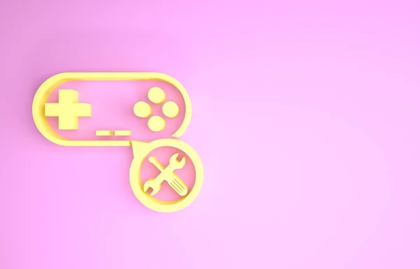 Żółty Gamepad ze śrubokrętem i ikoną klucza na różowym tle. Regulacja, serwis, ustawienie, konserwacja, naprawa, naprawa. Koncepcja minimalizmu. Ilustracja 3d — Zdjęcie stockowe