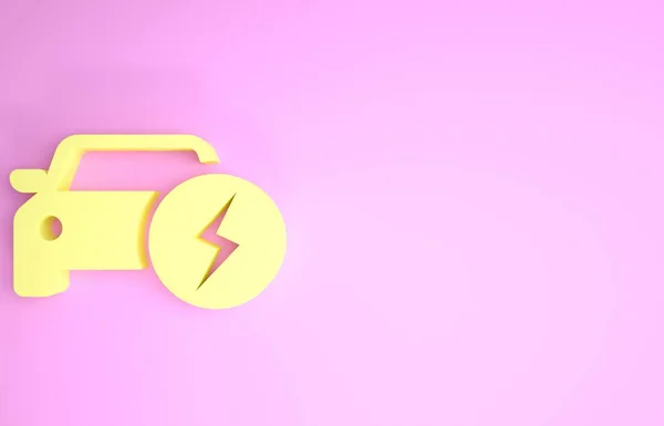 Icono de carga de coche eléctrico amarillo y cable eléctrico aislado sobre fondo rosa. Tecnologías ecológicas renovables. Concepto minimalista. 3D ilustración 3D render — Foto de Stock