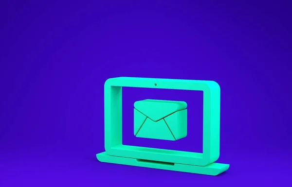 Green Laptop s obálkou a otevřít e-mail na obrazovce ikonu izolované na modrém pozadí. E-mailový marketing, internetové reklamní koncepty. Minimalismus. 3D ilustrace 3D vykreslení — Stock fotografie