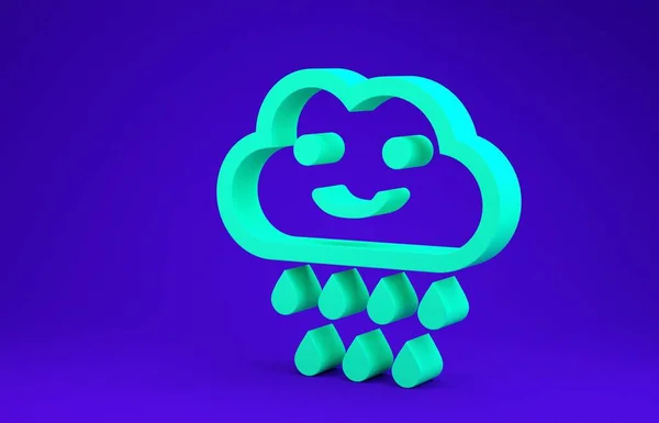 Nuvem verde com ícone de chuva isolado no fundo azul. Precipitação de nuvens de chuva com gotas de chuva. Conceito de minimalismo. 3D ilustração 3D render — Fotografia de Stock