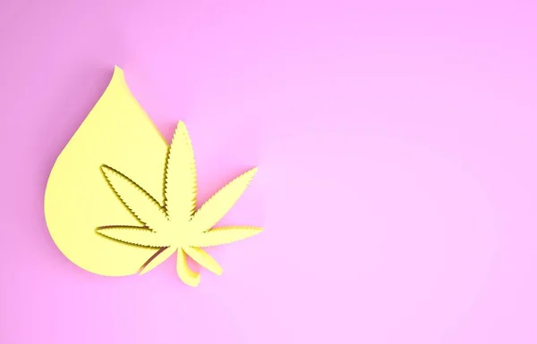 Żółta Medyczna marihuana lub ikona oliwy z oliwek z liści konopi odizolowana na różowym tle. Ekstrakt z konopi. Symbol konopi. Koncepcja minimalizmu. Ilustracja 3d — Zdjęcie stockowe