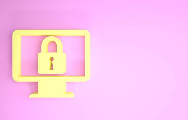 Sárga zár a számítógép monitor képernyőjén ikon elszigetelt rózsaszín alapon. Figyelő és lakat. Biztonság, biztonság, védelem. Biztonságos hálózat. Minimalizmus koncepció. 3d illusztráció 3d render — Stock Fotó