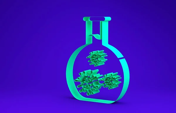 Tubo de ensayo de vidrio de laboratorio verde con icono de virus y bacterias aislado sobre fondo azul. Microorganismo de análisis, investigación, diagnóstico. Concepto minimalista. 3D ilustración 3D render — Foto de Stock