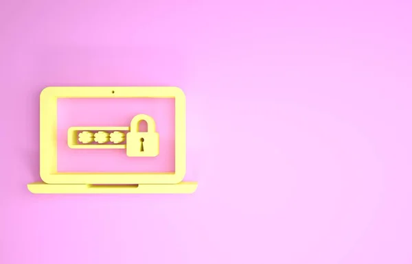 Laptop amarelo com notificação de senha e ícone de bloqueio isolado no fundo rosa. Segurança, acesso pessoal, autorização do usuário, formulário de login. Conceito de minimalismo. 3D ilustração 3D render — Fotografia de Stock