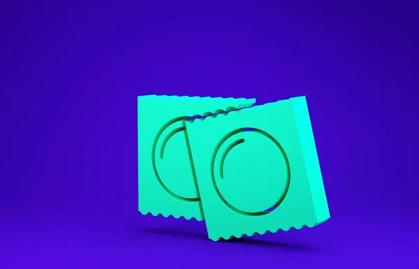 Zöld óvszer csomag biztonságos szex ikon elszigetelt kék alapon. Biztonságos szerelem szimbólum. Fogamzásgátló módszer férfiak számára. Minimalizmus koncepció. 3d illusztráció 3d render — Stock Fotó