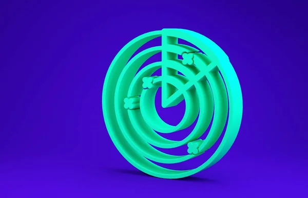 Radar verde com alvos no monitor no ícone de pesquisa isolado no fundo azul. Sistema de busca militar. Sonar da Marinha. Conceito de minimalismo. 3D ilustração 3D render — Fotografia de Stock